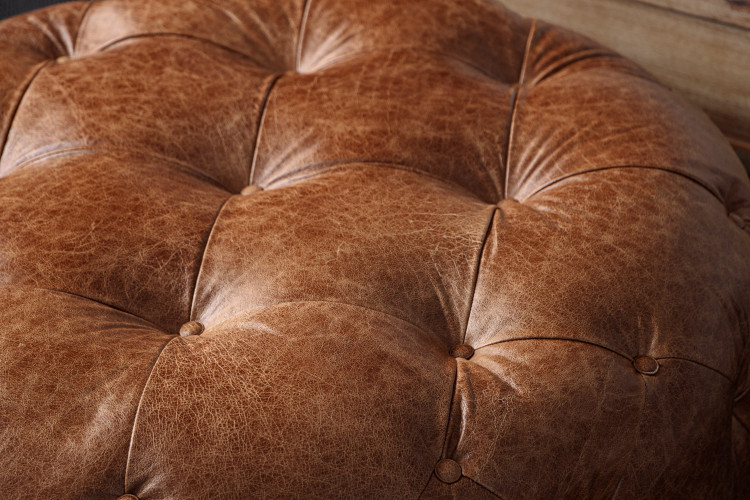 Amara Round Leather Ottoman - Vintage Tan Ottomans